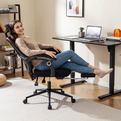 Ergonomic Mesh Office Chair with 2D Headrest and Retractable Footrest-Black