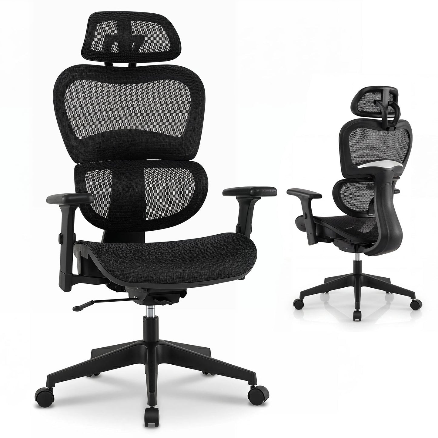 Ergonomic Mesh Office Chair with Lumbar Support & Adjustable Headrest Armrests-Black
