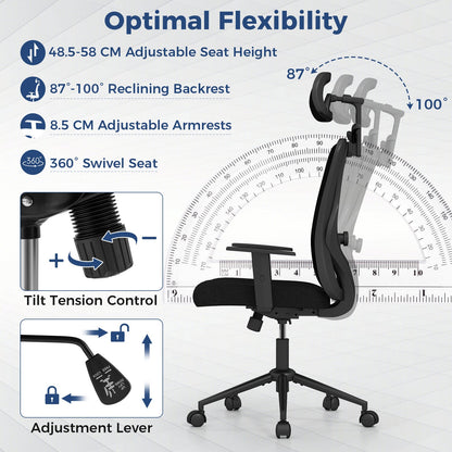 Ergonomic Office Chair with 3D Headrest and Adjustable Lumbar for Office-Black