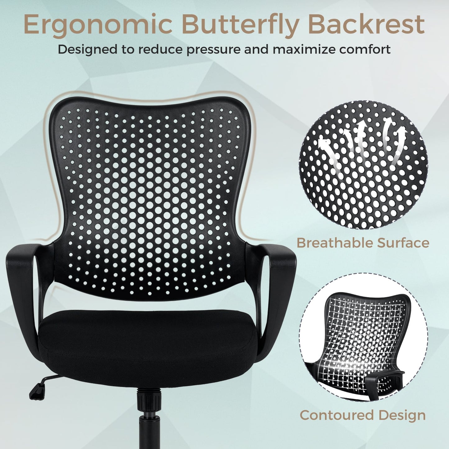 Ergonomic Office Chair with Padded Cushion and Butterfly Backrest Adjustable Swivel-Black