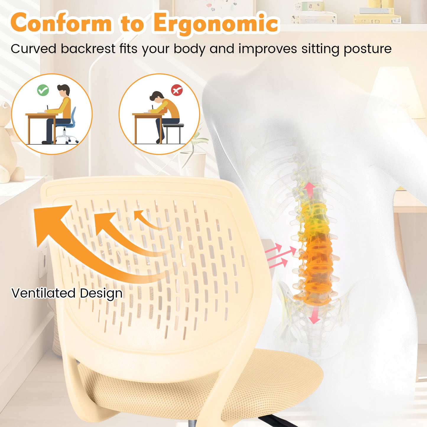 Ergonomic Children Study Chair with Adjustable Height-Yellow