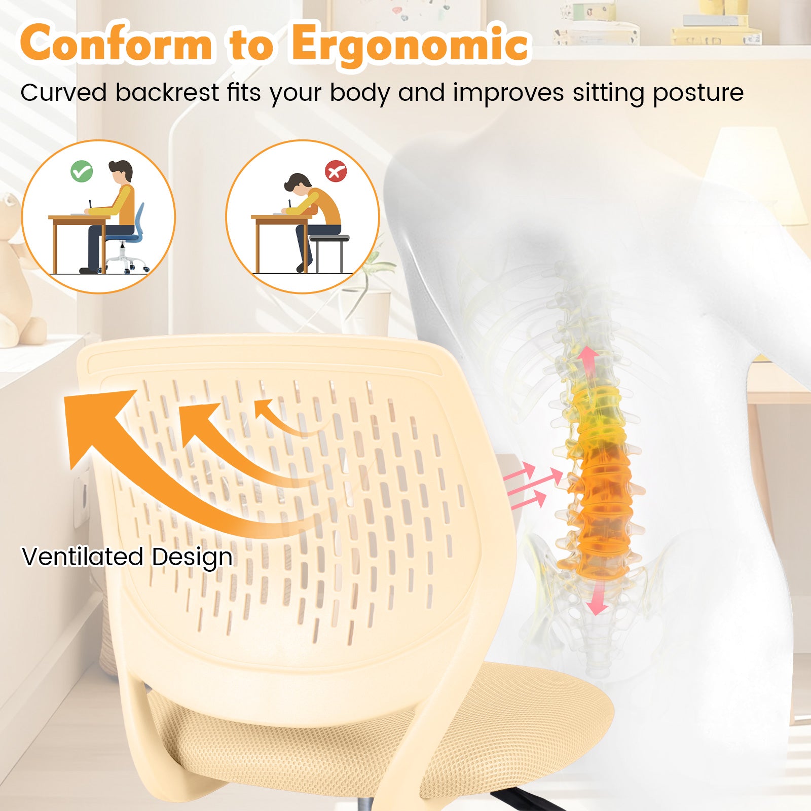 Ergonomic Children Study Chair with Adjustable Height-Yellow