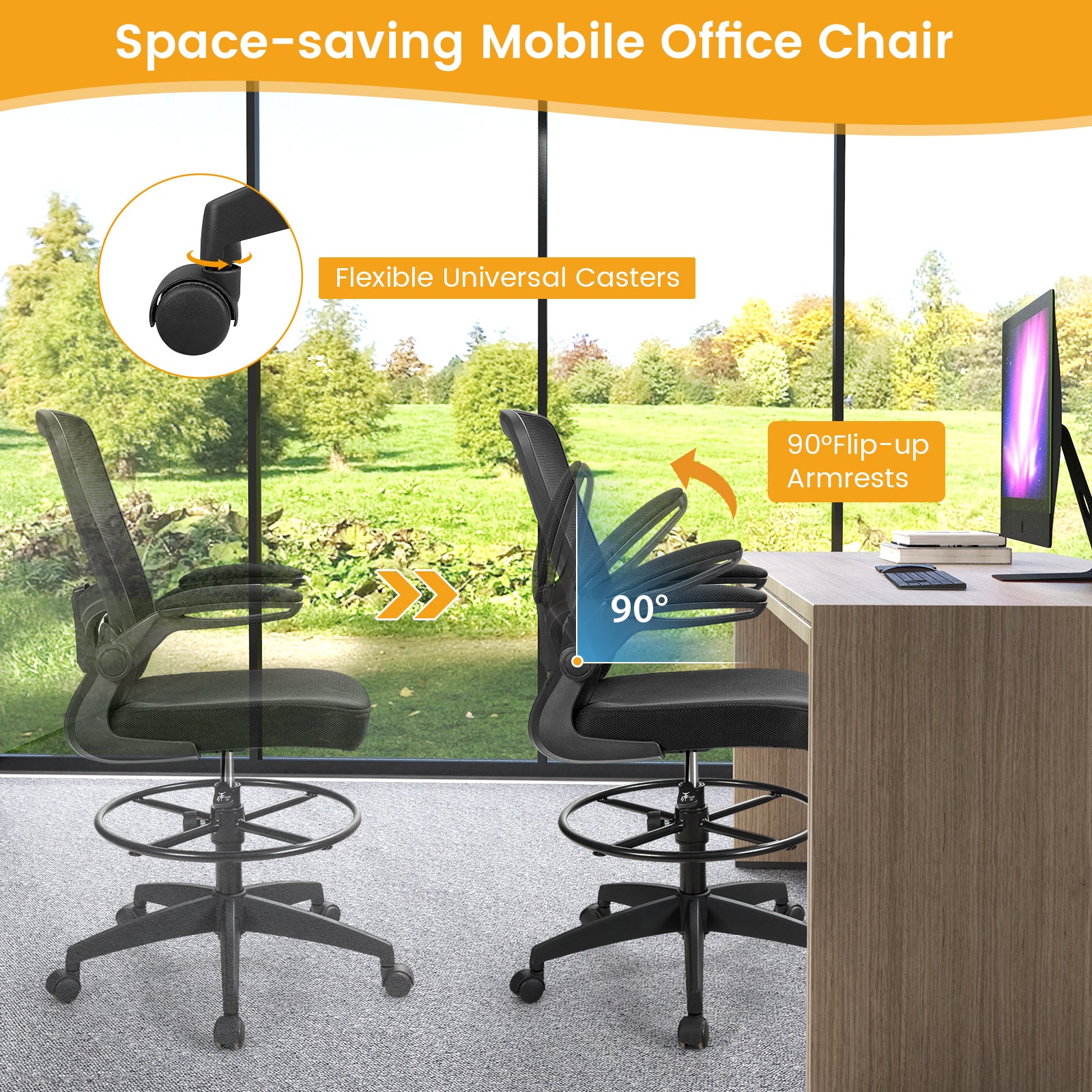 High Back Mesh Office Chair with Flip-up Armrests and Footrest Ring-Black