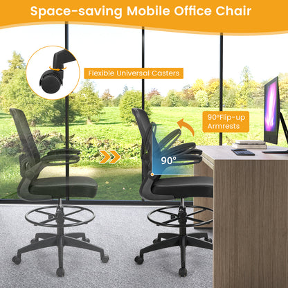 High Back Mesh Office Chair with Flip-up Armrests and Footrest Ring-Black