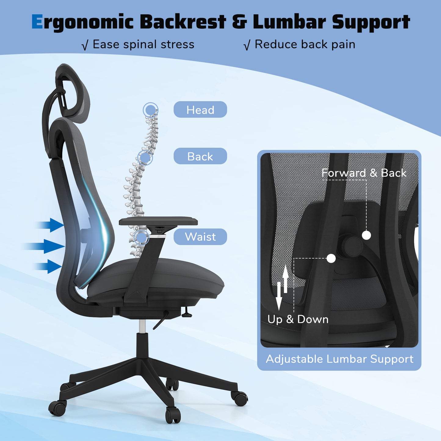 Ergonomic Mesh Office Chair High Back Executive Chair with Adjustable Lumbar Support-Grey