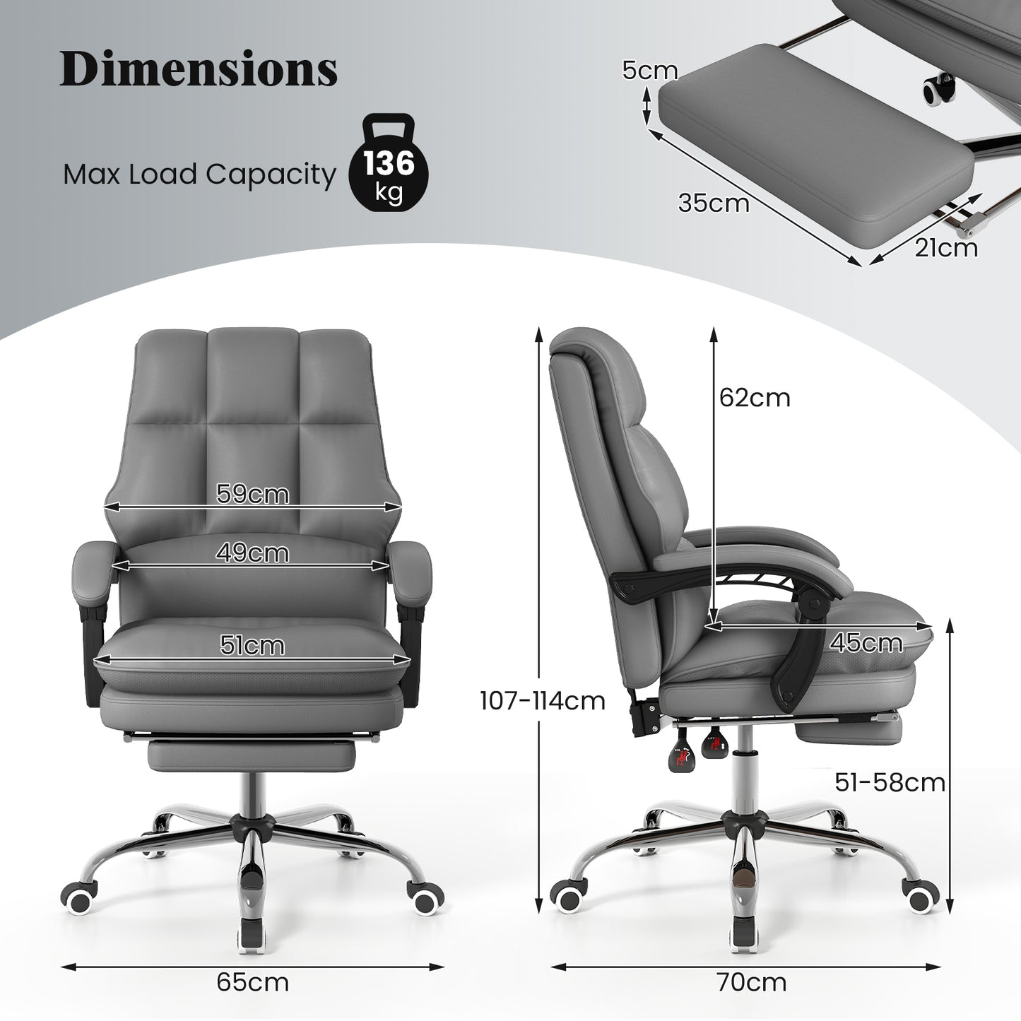 Ergonomic Office Chair PU Leather Adjustable Swivel with Reclining Backrest-Grey