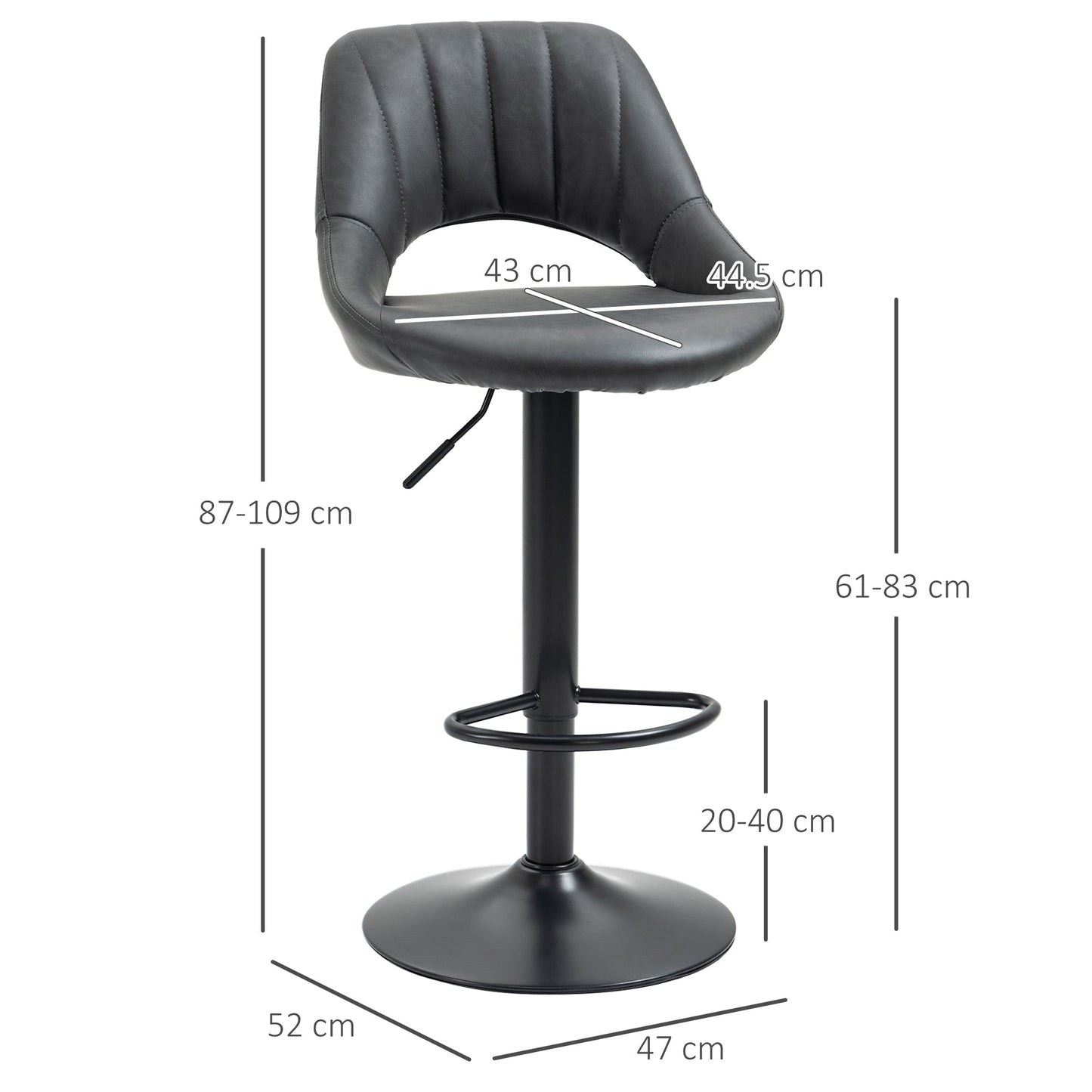 HOMCOM Bar Stools Set of 2, PU Leather Swivel Barstools with Backrest and Footrest for Kitchen, Counter, Breakfast Bar, Grey