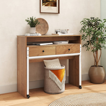 Extendable Computer Desk with 2 Storage Drawers Convertible Home Office Desk -Natural