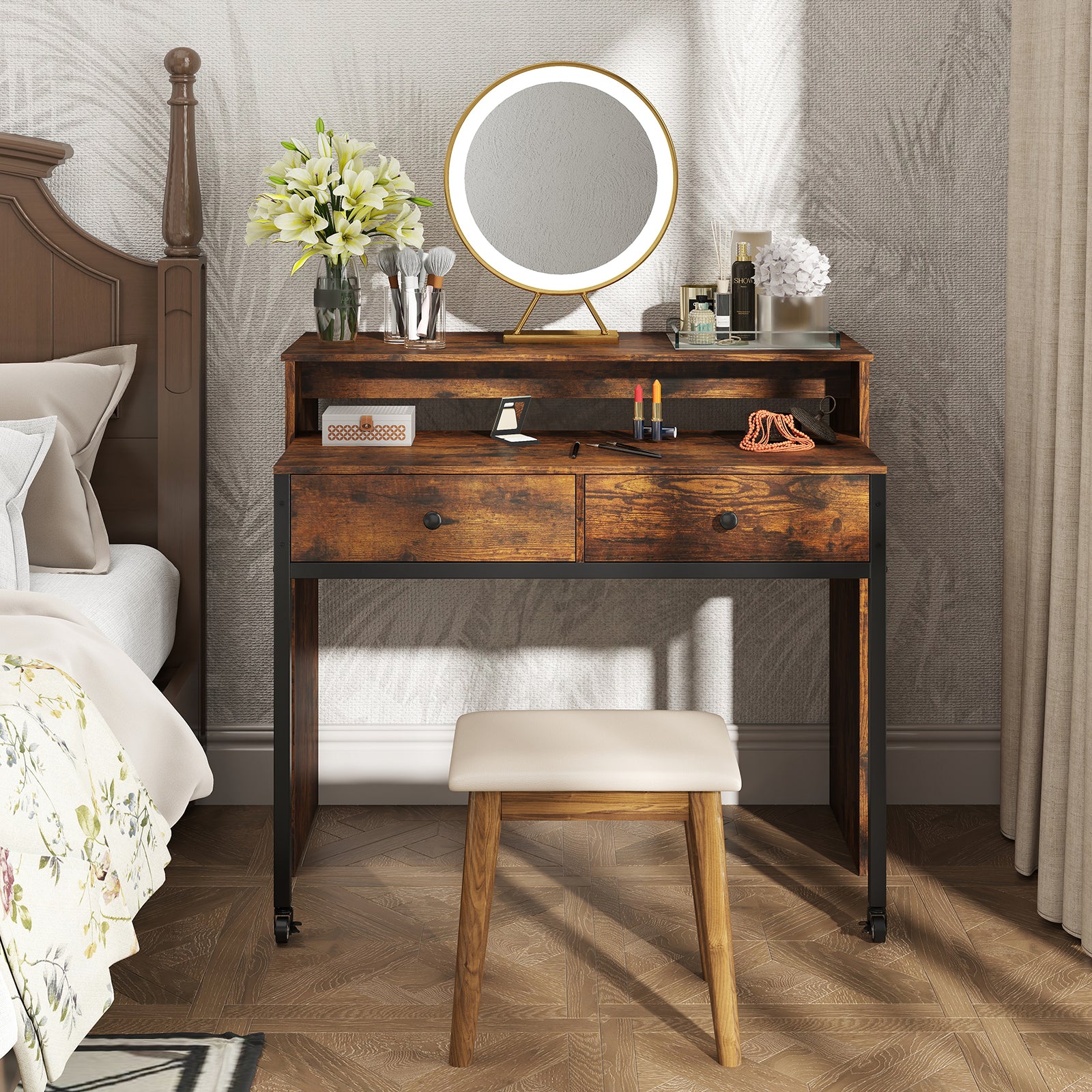 Extendable Computer Desk with 2 Storage Drawers Convertible Home Office Desk -Rustic Brown