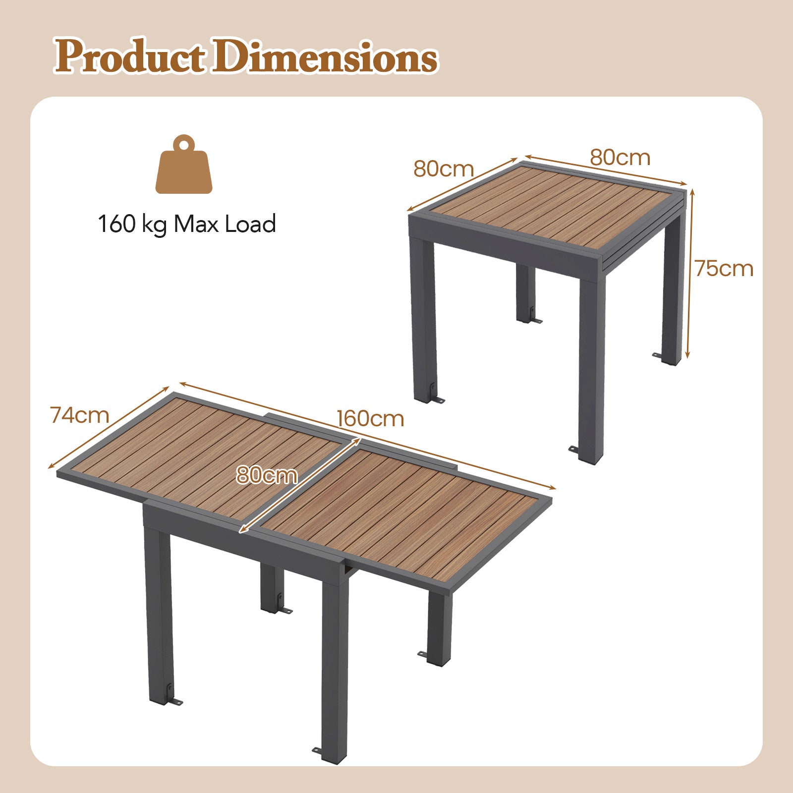 Extendable Wood-like Patio Dining Table with Stable Legs-Grey
