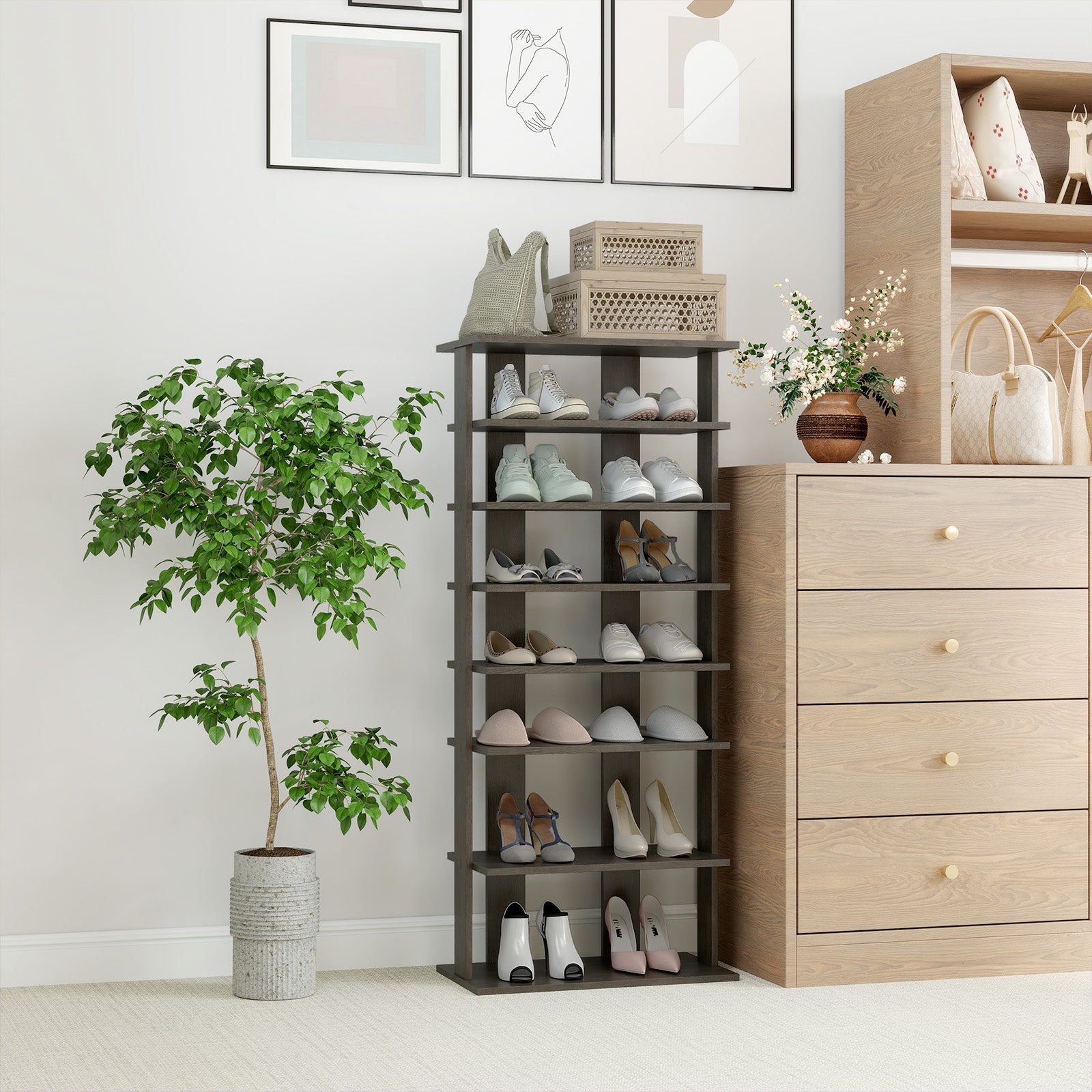 Extra Wide Wooden Vertical Shoe Rack with 7 Shelves-Grey