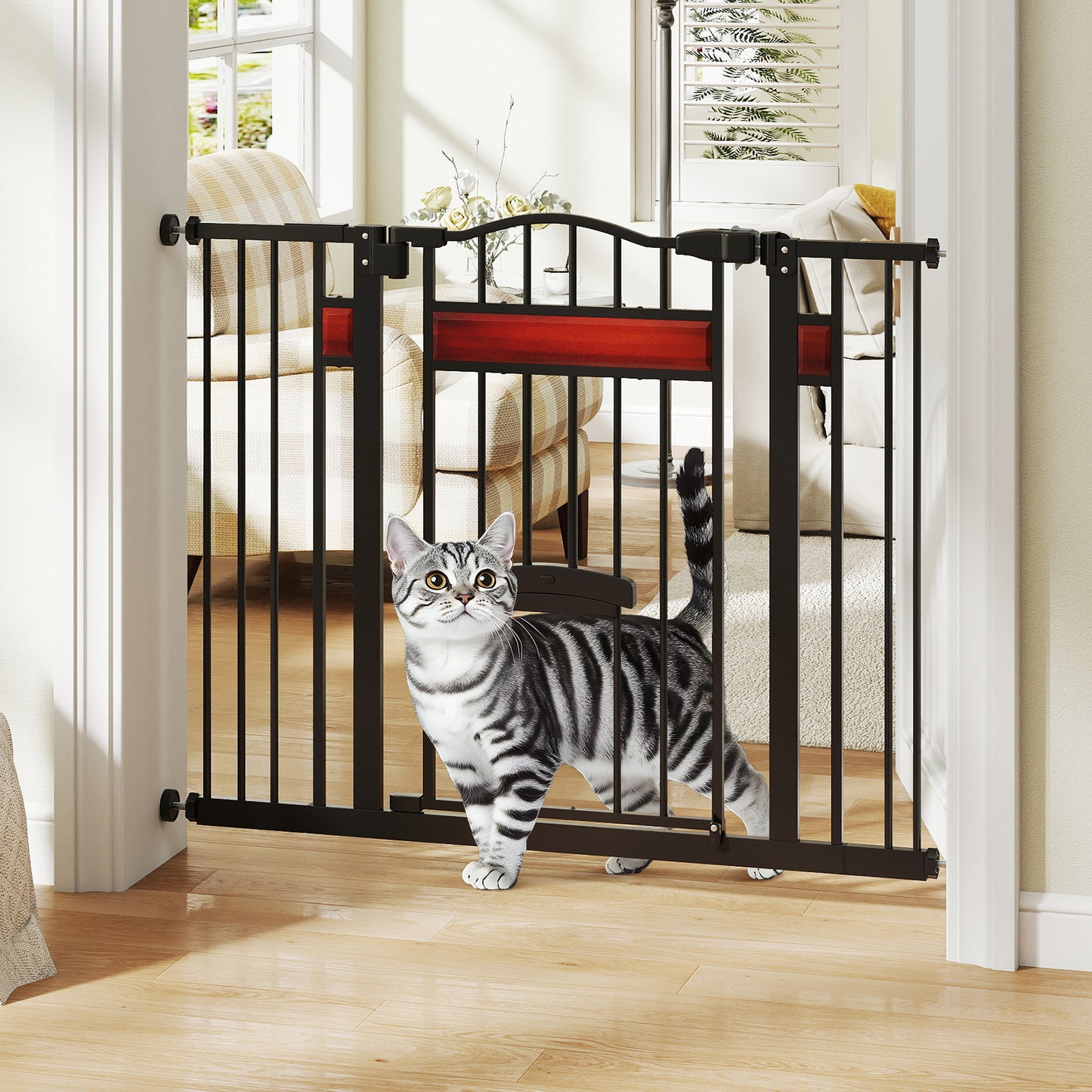 Extra Wide Walk Through Pet Gate with Small Door and 2 Extensions-Black