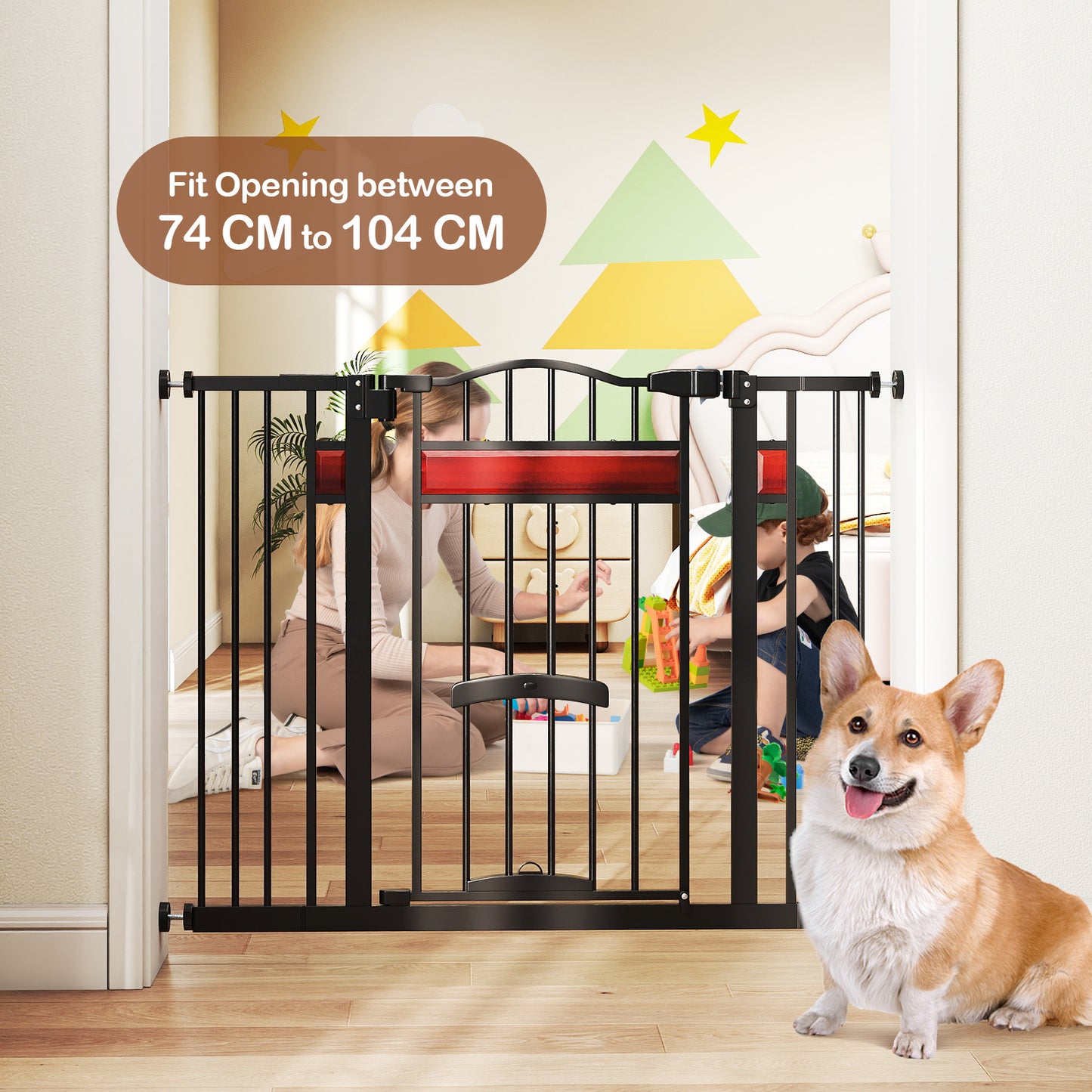 Extra Wide Walk Through Pet Gate with Small Door and 2 Extensions-Black