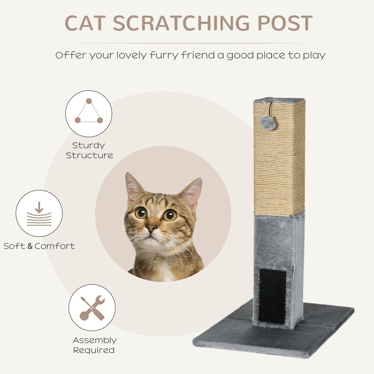 PawHut Cat Tree Scratching Post for Indoor Cats 79cm Jute Scratcher Climber w/ Carpet Base Dangling Toy √¢‚Ç¨‚Äú Grey