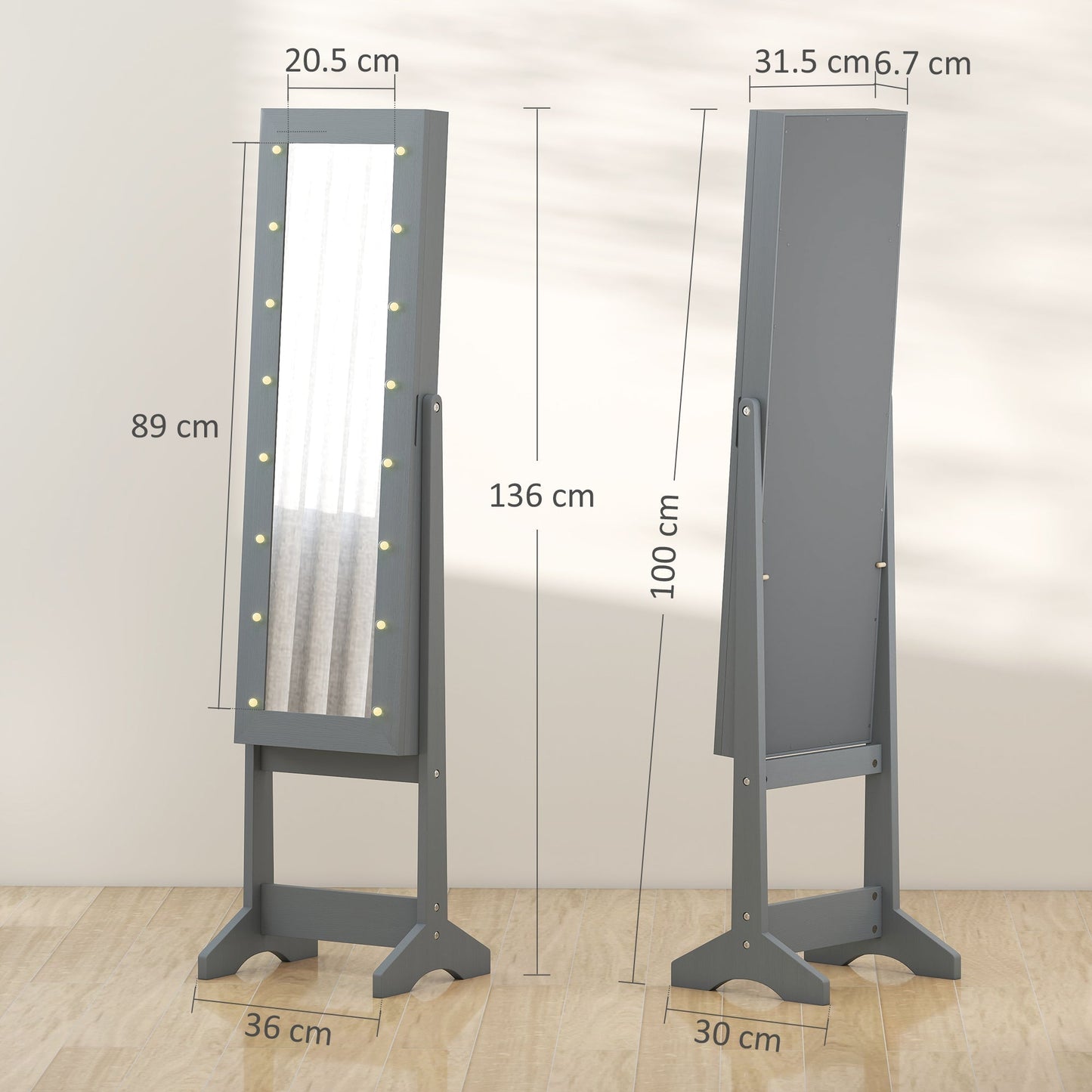 HOMCOM Freestanding Mirrored Jewellery Storage Cabinet - Grey