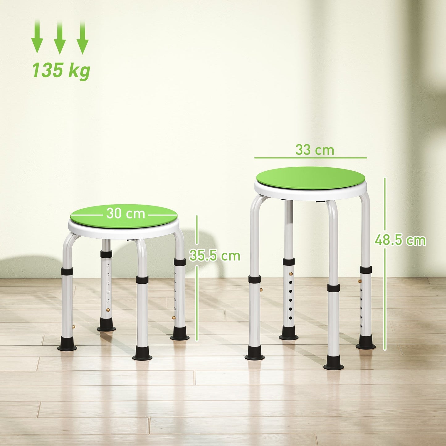 HOMCOM 360  Swivel Shower Chair, Height Adjustable Aluminium Shower Stool with Non-Slip Feet for Disabled, Elderly, Green
