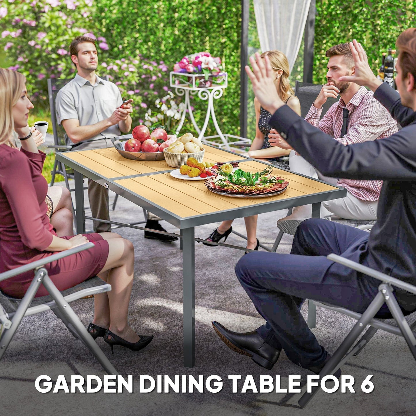 Outsunny Garden Table for 6, 150 cm Rectangular Outdoor Dining Table with 5 cm Umbrella Hole, Wood Effect Top, Rust Resistant Frame, for Patio, Balcony, Terrace, Natural Wood Finish