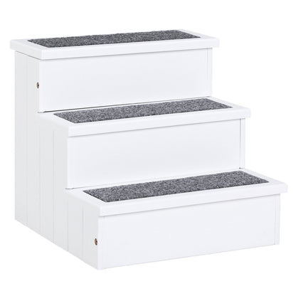 PawHut 3 Step Wooden Dog Steps Pet Stairs for Dogs, Cat Ladder for Bed Couch with Storage White
