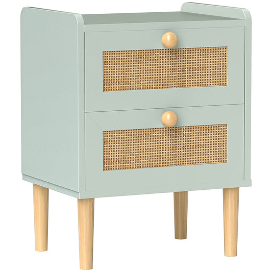 HOMCOM Bedroom Chest of Drawers, Boho Rattan Dresser with 2 Drawers, Storage Cabinet for Living Room, Hallway, Entryway, Olive Green