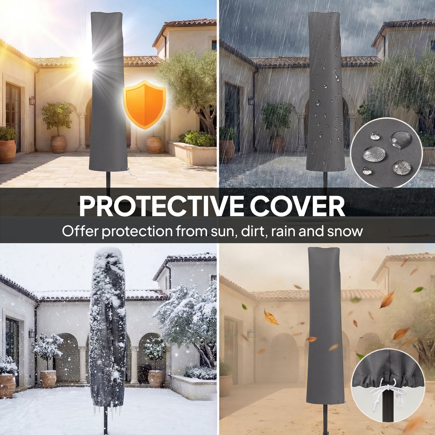 Outsunny 3 x 3 m Garden Cantilever Parasol w/ Light, Cover, UPF50+ Patio Umbrella w/ Wind Protection, 360Â° Rotation, Dark Grey