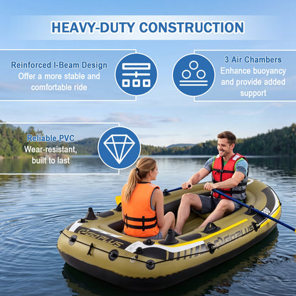 Inflatable 3-Person Fishing Raft with Oars and Pump and Rod Holders for Lake-Green