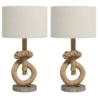 HOMCOM Nautical Table Lamps Set of 2 with USB Charging Port, Bedside Lamps for Bedroom Living Room, Warm White LED Bulb Included, with Hemp Rope, Natural
