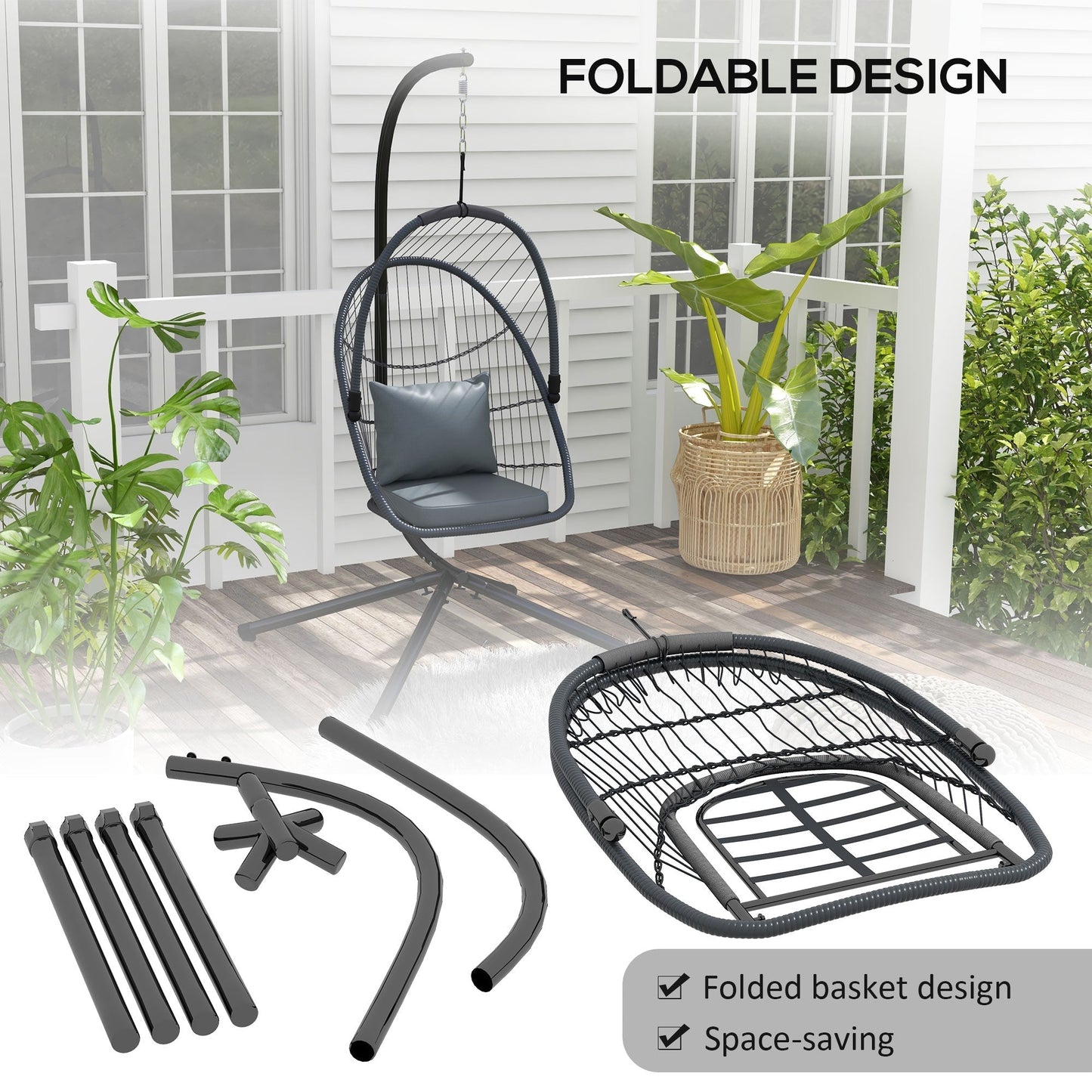 Outsunny Single Egg Chair, with Steel Frame Stand - Grey