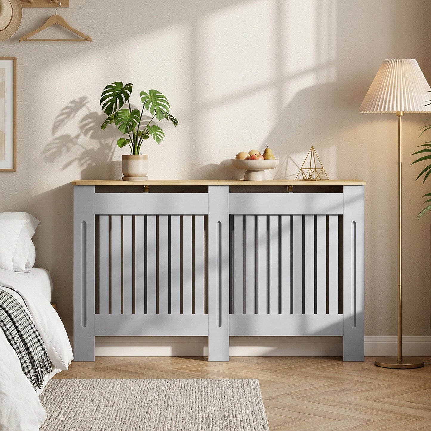 HOMCOM Slatted Radiator Cover, Painted Cabinet with Line Grill Design, 152L Ã 19W Ã 81H cm, Grey