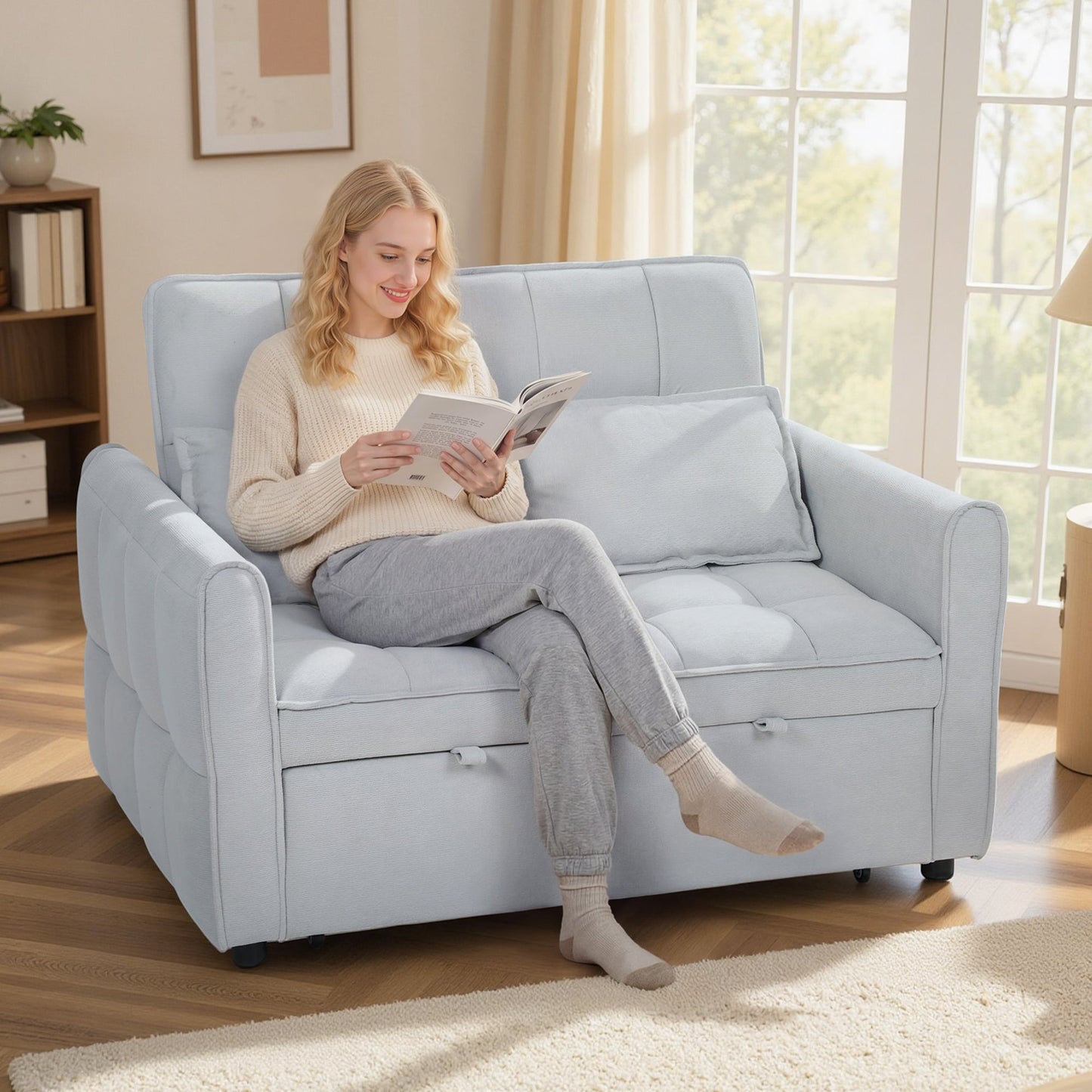 HOMCOM 2 Seater Sofa Bed, 3-in-1 Convertible Sleeper Sofa with Click-clack Adjustable Backrest and 2 Pillows, Light Grey