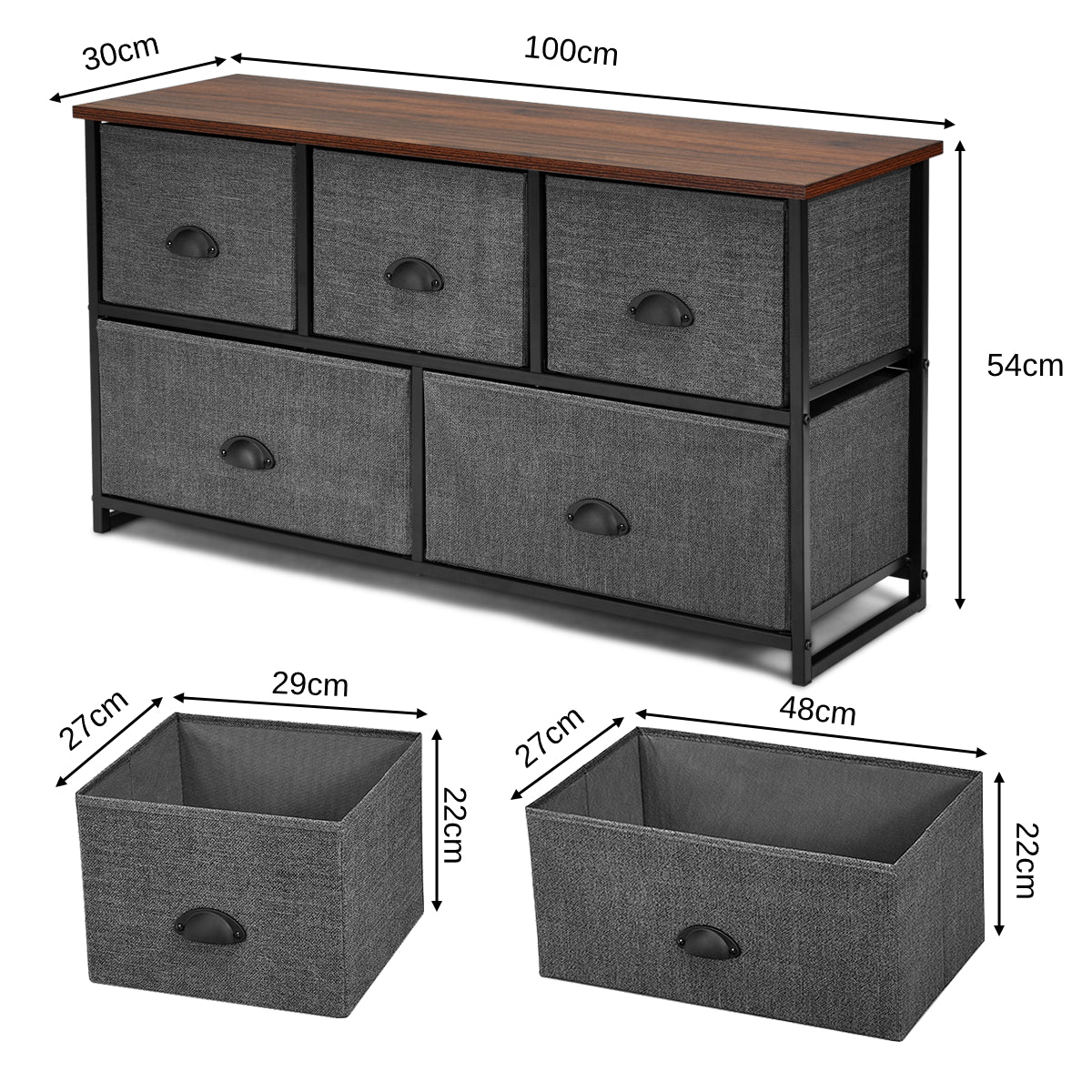 Fabric Drawer Cabinet for Wardrobe, Bedroom, Living Room-Black &amp; Grey