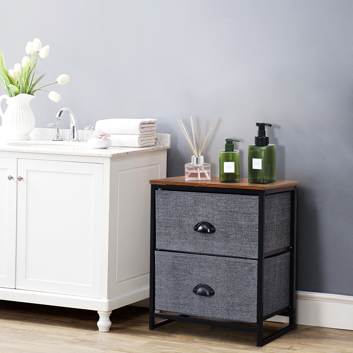 3/4 Fabric Nightstand Bedside Storage Cabinet Folding Drawers-2-Tier-Black