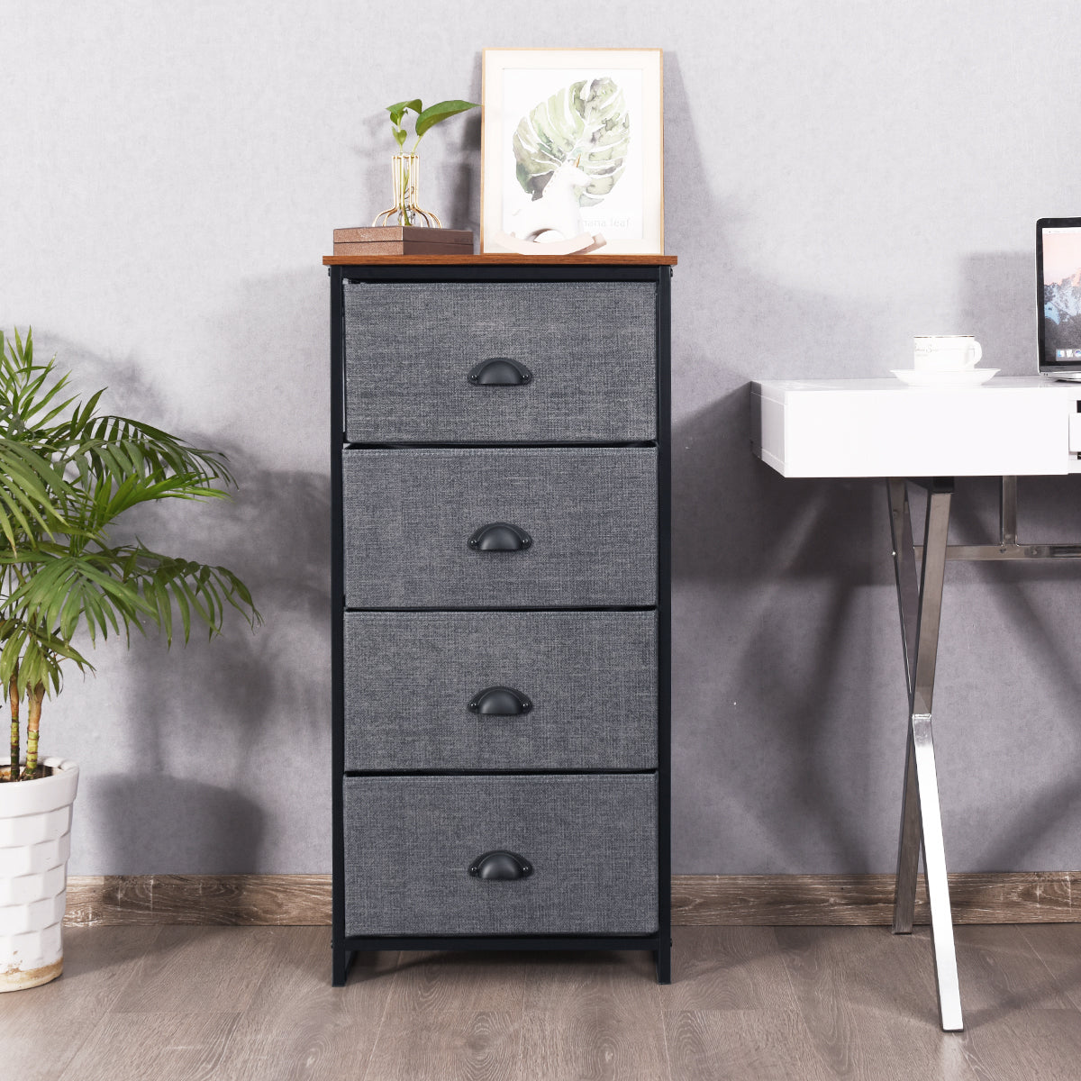 3/4 Fabric Nightstand Bedside Storage Cabinet Folding Drawers-4-Tier-Black