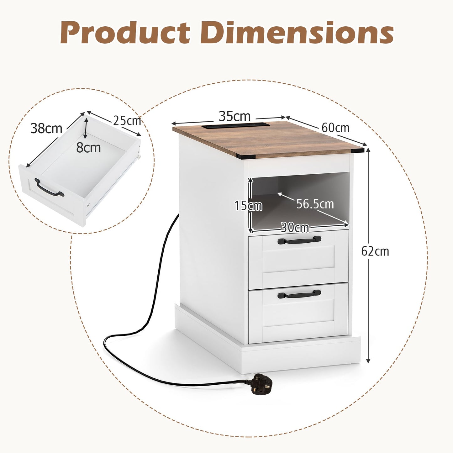 Farmhouse Nightstand with Charging Station and 2 Drawers-White