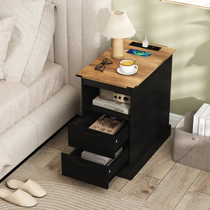 Farmhouse Nightstand with Charging Station with Open Storage Shelf and 2 Drawers for Bedroom-Black