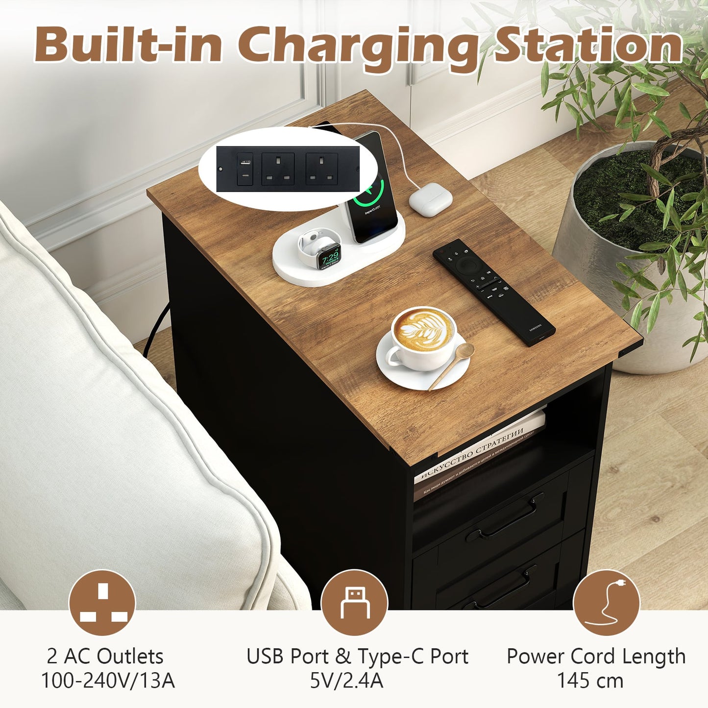 Farmhouse Nightstand with Charging Station with Open Storage Shelf and 2 Drawers for Bedroom-Black