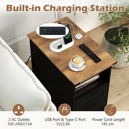 Farmhouse Nightstand with Charging Station with Open Storage Shelf and 2 Drawers for Bedroom-Black