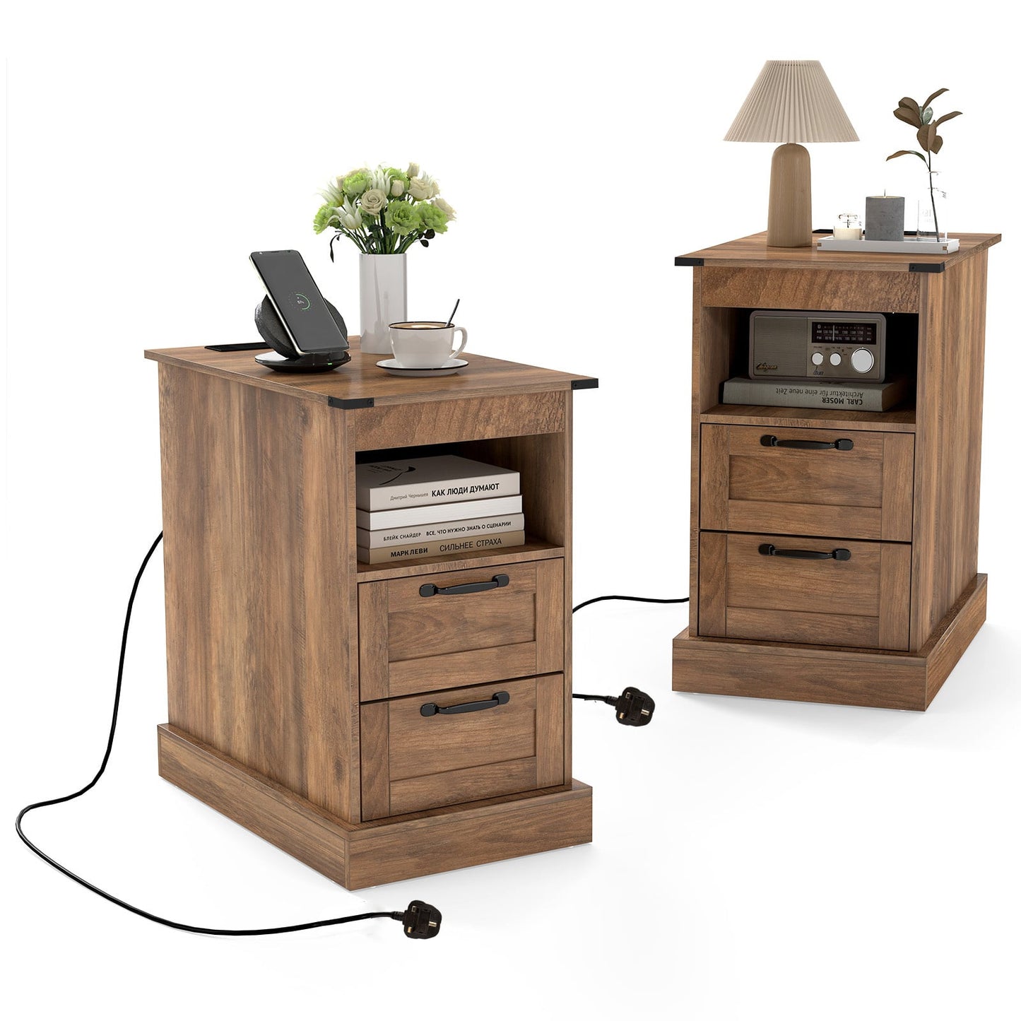 Farmhouse Nightstand with Charging Station with Open Storage Shelf and 2 Drawers for Bedroom-Rustic Brown