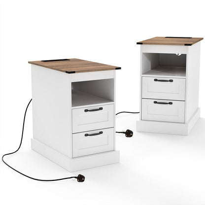 Farmhouse Nightstand with Charging Station with Open Storage Shelf and 2 Drawers for Bedroom-White