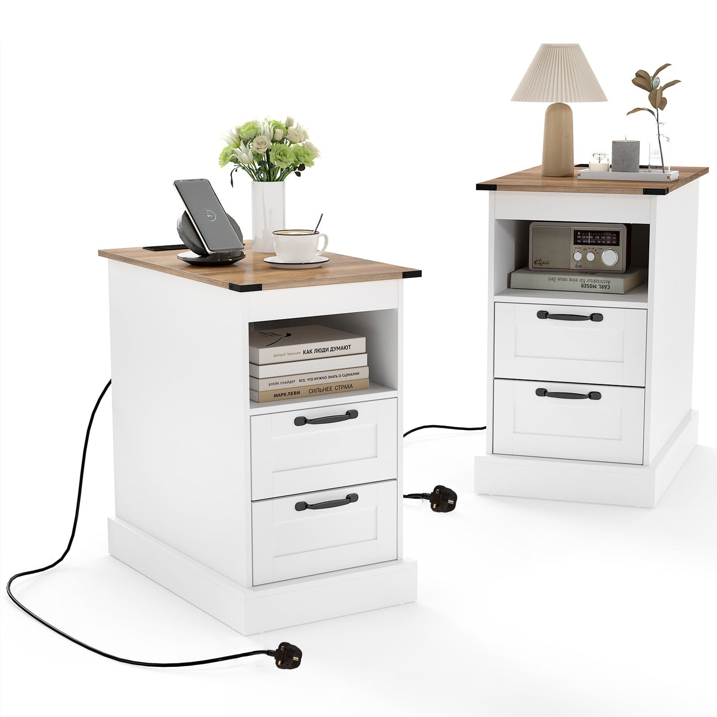 Farmhouse Nightstand with Charging Station with Open Storage Shelf and 2 Drawers for Bedroom-White