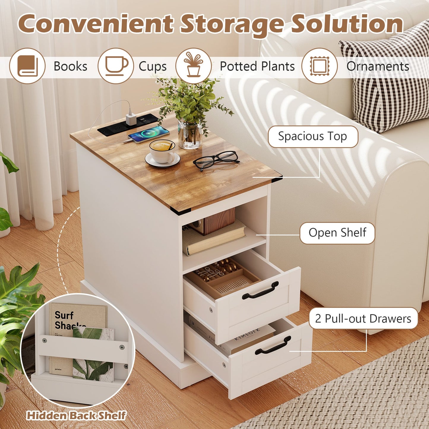 Farmhouse Nightstand with Charging Station with Open Storage Shelf and 2 Drawers for Bedroom-White