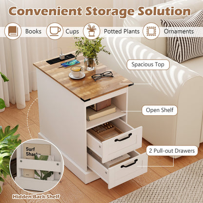 Farmhouse Nightstand with Charging Station with Open Storage Shelf and 2 Drawers for Bedroom-White