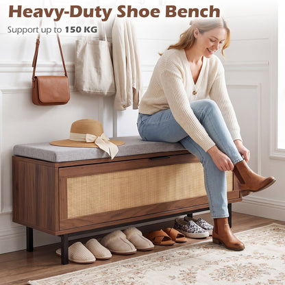 Farmhouse Shoe Storage Bench with Padded Cushion and Rattan Door-Brown