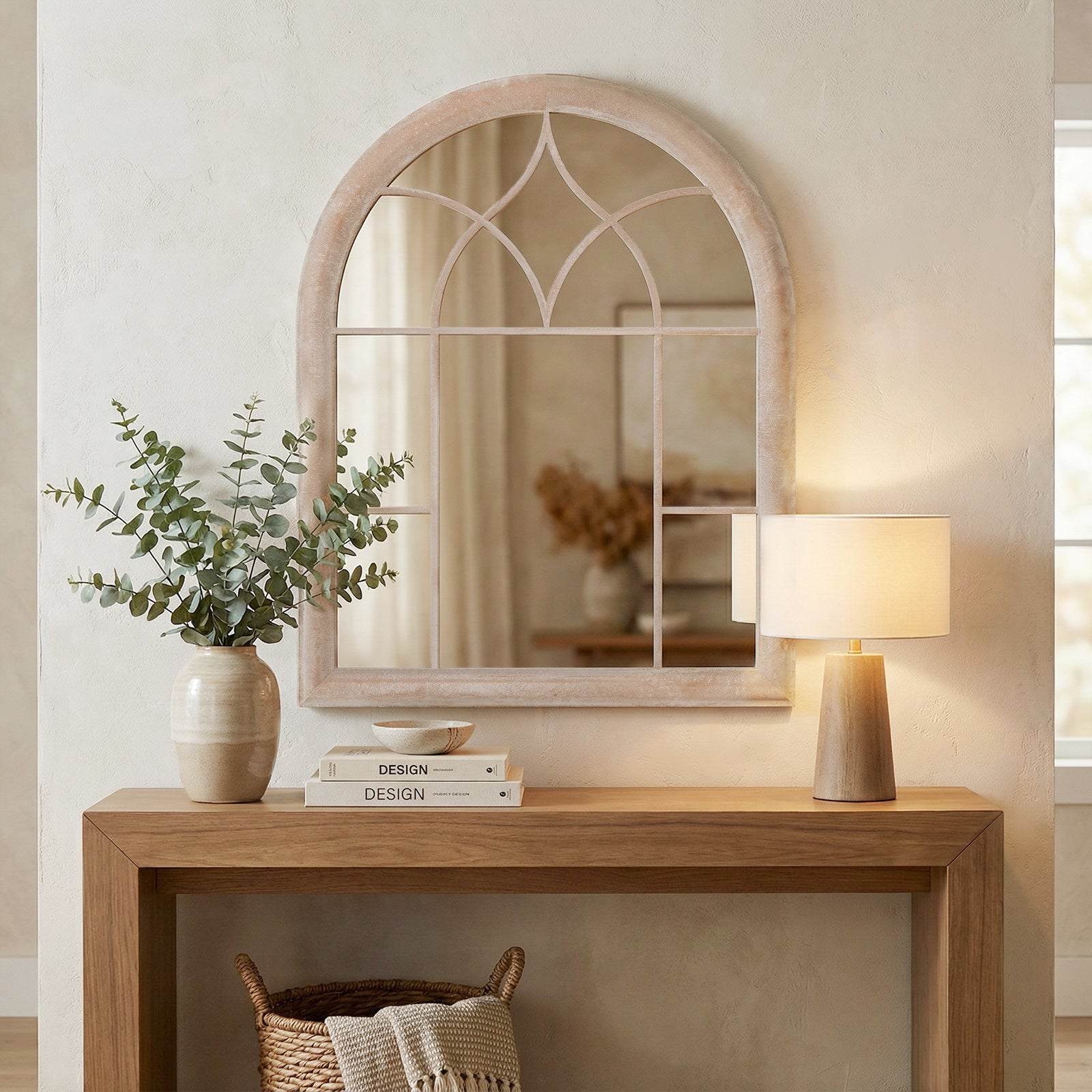 Farmhouse Window Pane Mirror Large Arched Wall Mounted Mirror with Metal Frame 88.5 x 69 cm-Grey