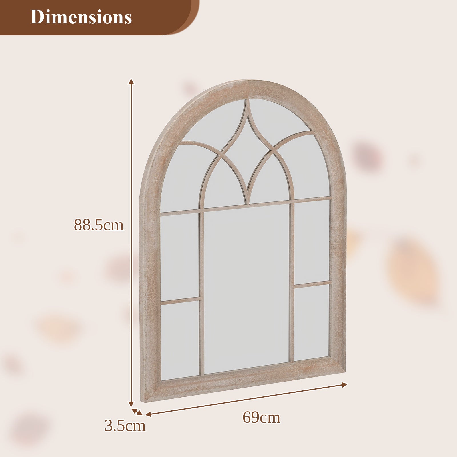 Farmhouse Window Pane Mirror Large Arched Wall Mounted Mirror with Metal Frame 88.5 x 69 cm-Grey