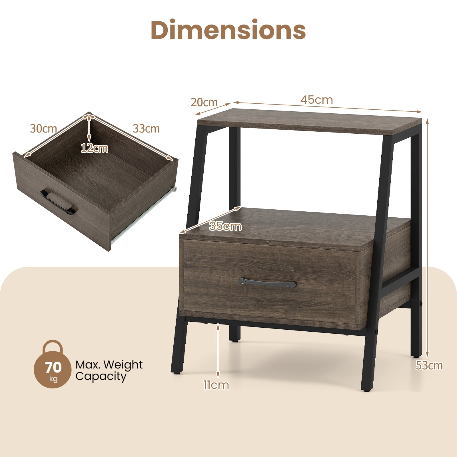 Farmhouse 3-Tier Nightstand with Drawer and Open Shelf for Living Room Bedroom-Grey