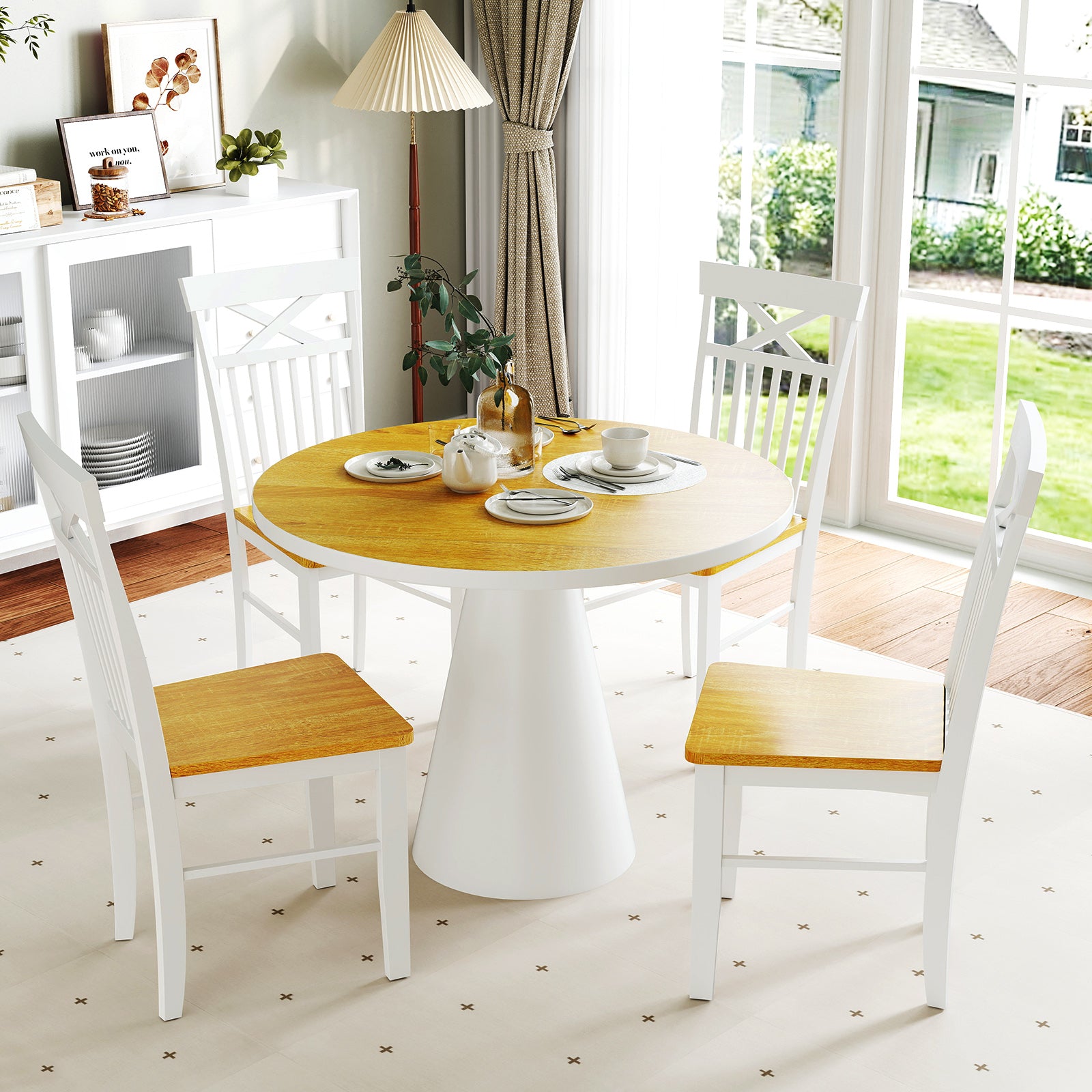 Farmhouse Dining Chair Set of 2 Wooden Kitchen Chair with Rubber Wood Frame-Natural