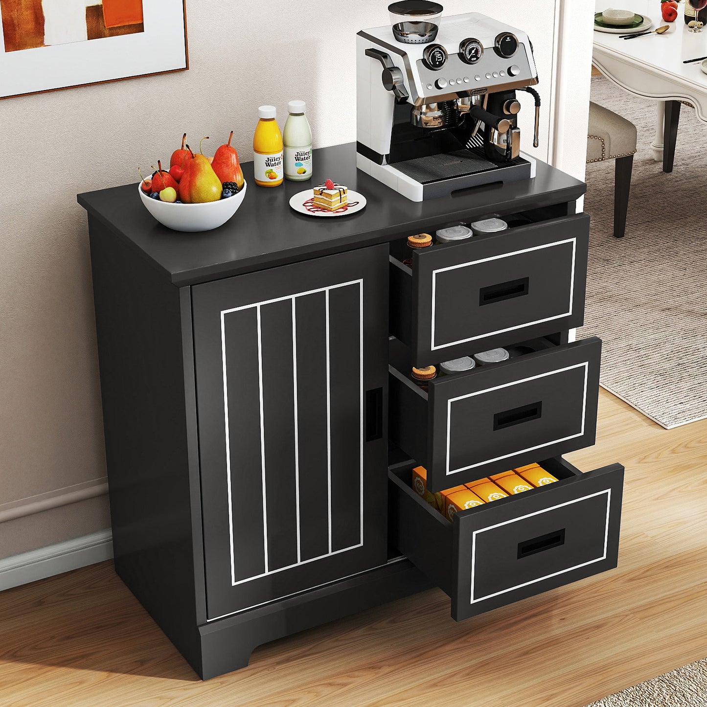 Farmhouse Sideboard Buffet Cabinet with Sliding Doors and 3 Drawers-Black