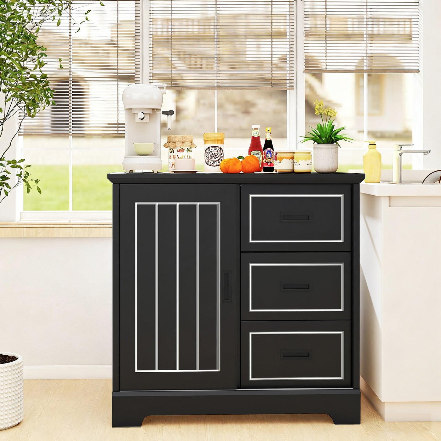 Farmhouse Sideboard Buffet Cabinet with Sliding Doors and 3 Drawers-Black