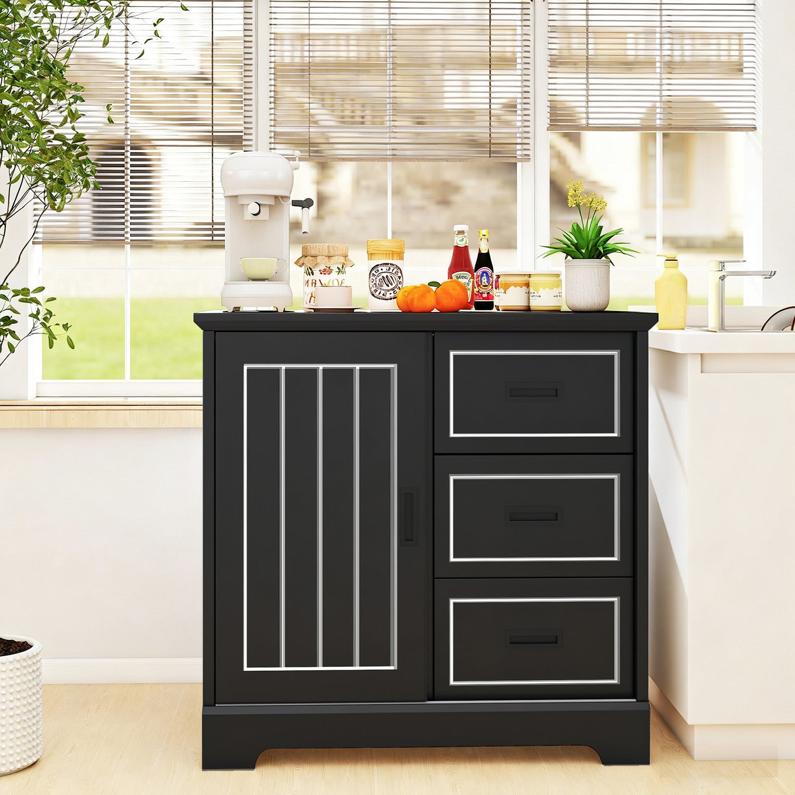 Farmhouse Sideboard Buffet Cabinet with Sliding Doors and 3 Drawers-Black
