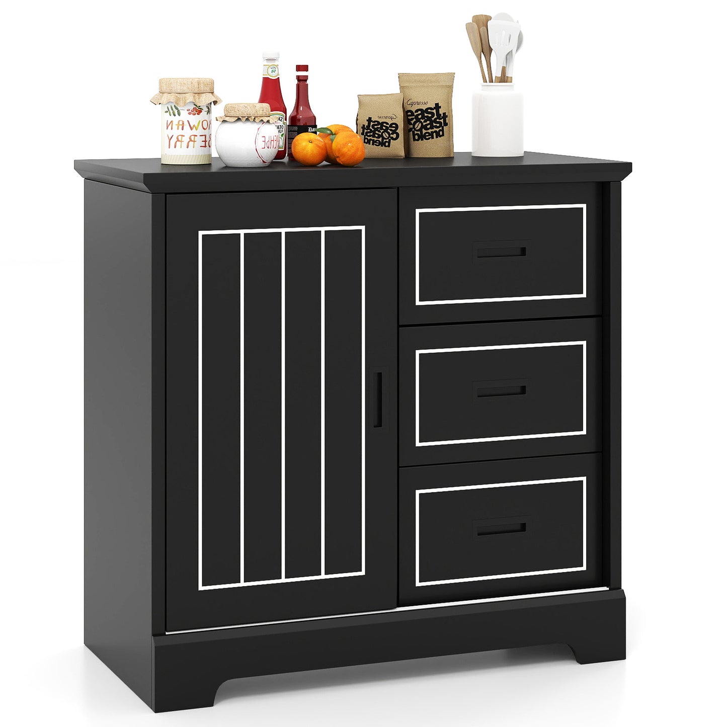 Farmhouse Sideboard Buffet Cabinet with Sliding Doors and 3 Drawers-Black